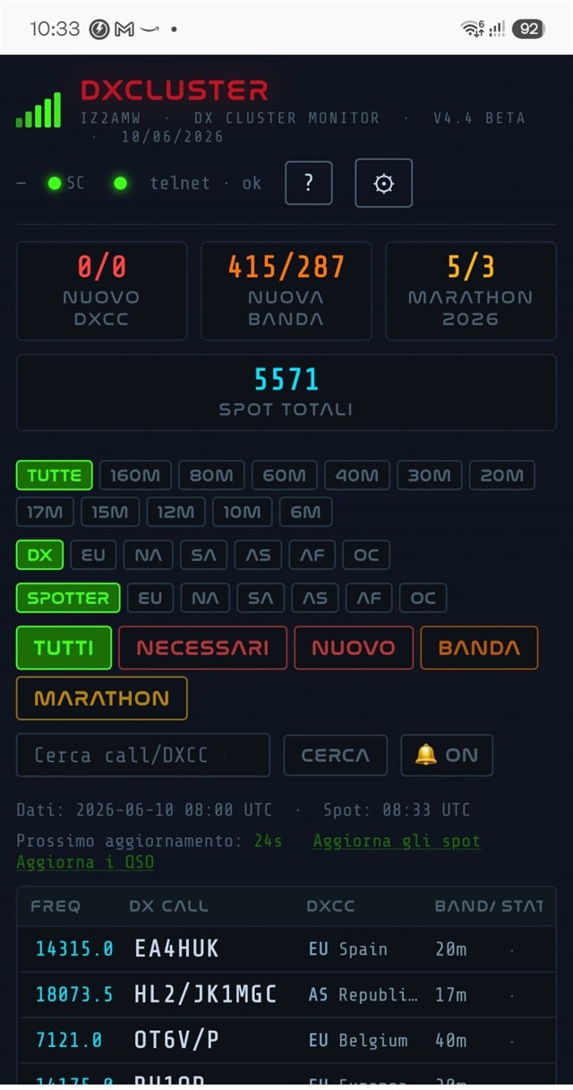 DX Cluster Monitor &mdash; schermata su smartphone